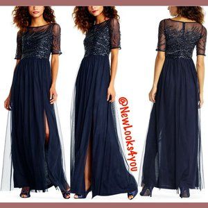 NEW Adrianna Papell Beaded Bodice Mesh Gown‎ in Midnight Blue [SZ 4 ]